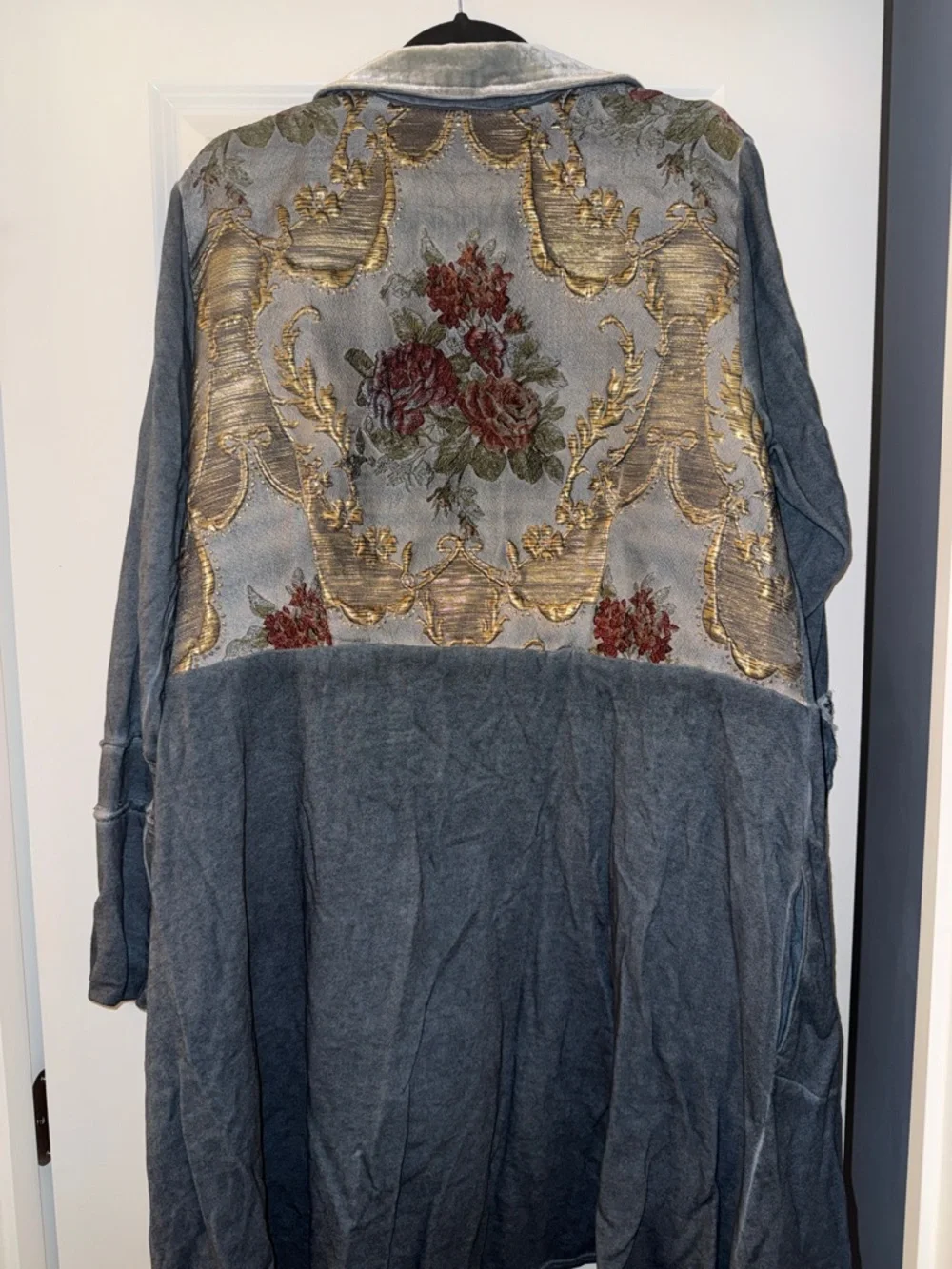 Soft Surroundings Slate Gray Velvet Trench Coat with Embroidered Lining - Picture 5 of 7